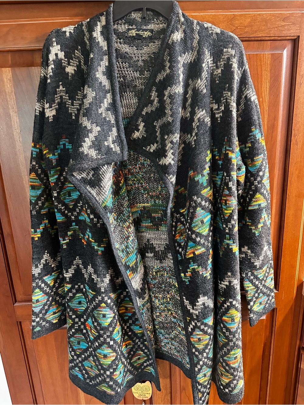 Absolutely Famous Black and Teal Aztec Open-Front Cardigan